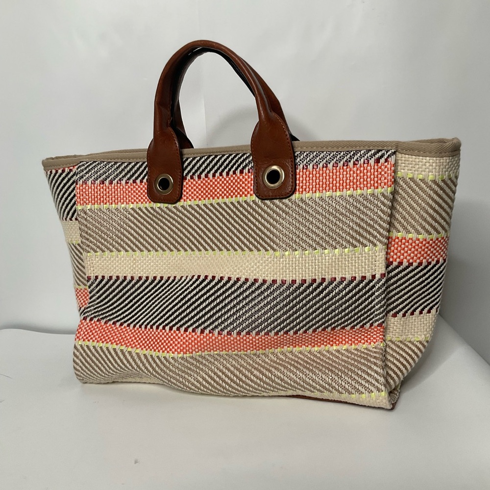 Jen & Co Woven Patterned Cotton Peach Cream Grey Striped Tote Bag Lined Interior - Picture 7 of 15